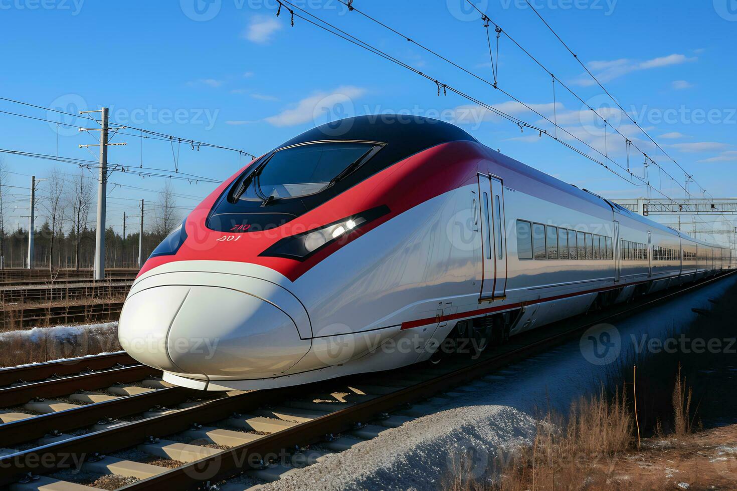 AI Generative. High-speed train on the way. The train arrives or departs from the station. Horizontal photo