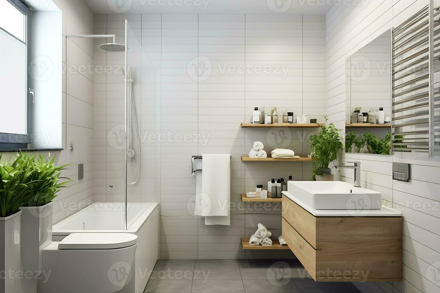 Scandinavian style white bathroom interior. The bathroom is lit with daylight and electric lamps.  AI Generative photo