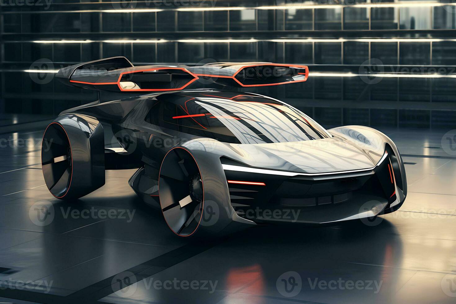 AI generative. The design of the car of the future in a dark color, with a streamlined body and huge wheels. photo