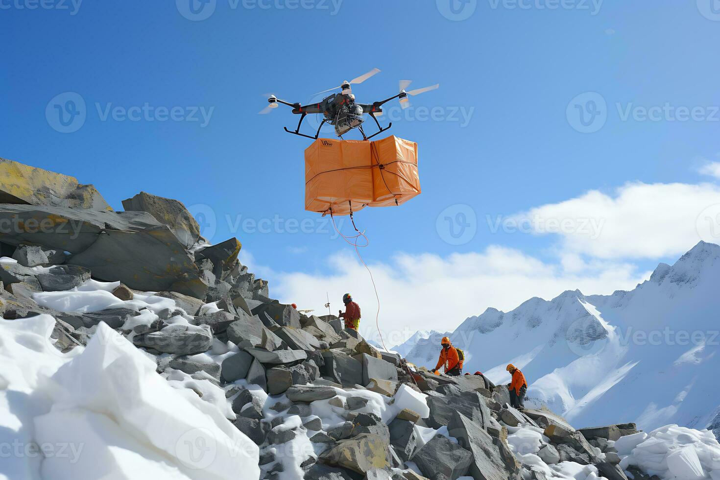 AI generative. A drone delivers an order or first aid in an orange package flying through the snowy mountain peaks in sunny weather photo