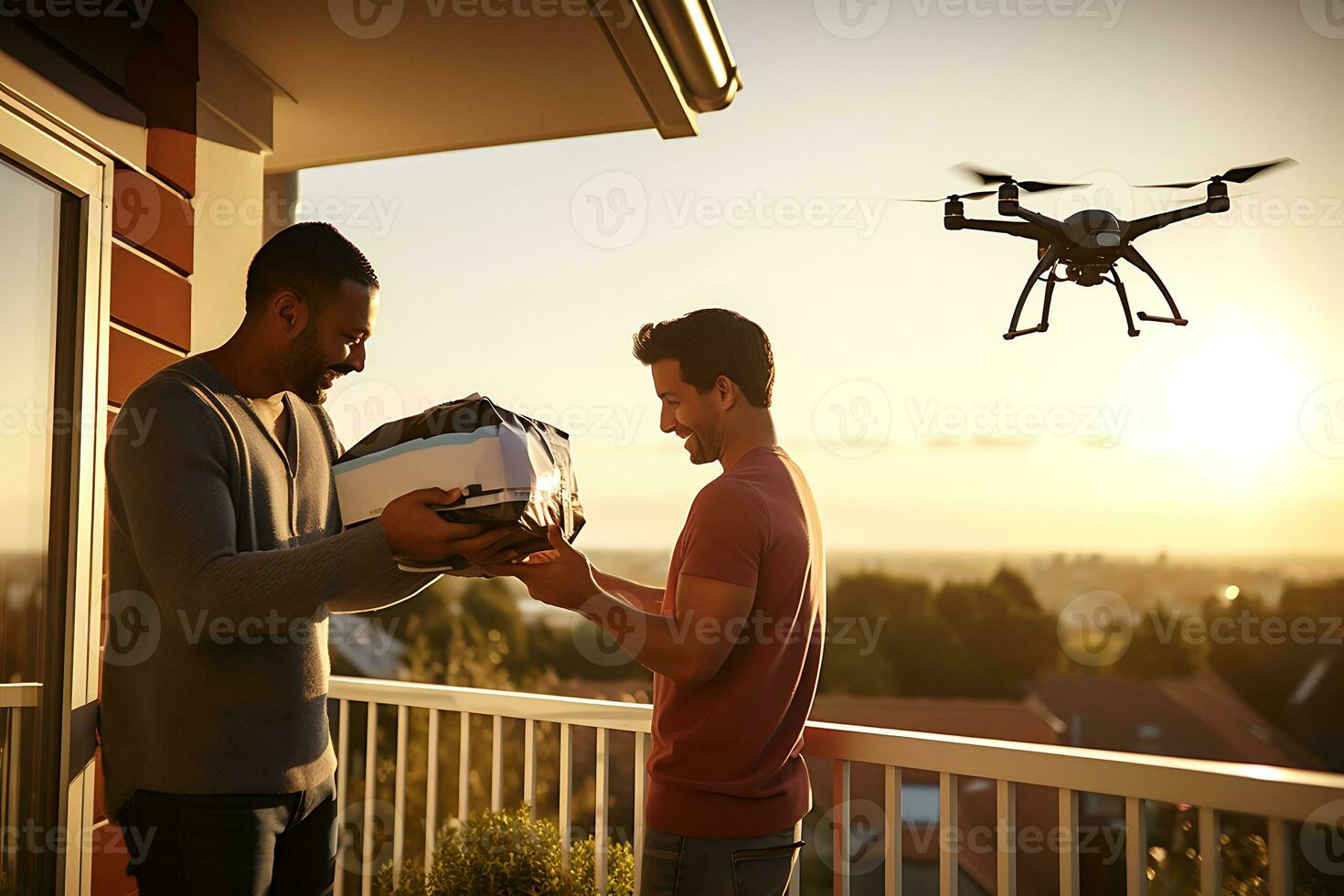 AI generative. A drone delivers food, drinks or medicine in a cardboard box to a homosexual male couple directly on their balcony. photo