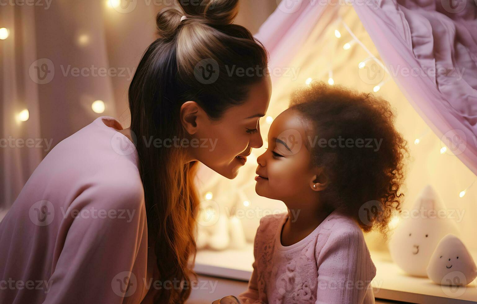 africano americano madre y hija en rosado ropa y en un rosado para niños habitación interior abrazando y sonriente. ai generativo foto