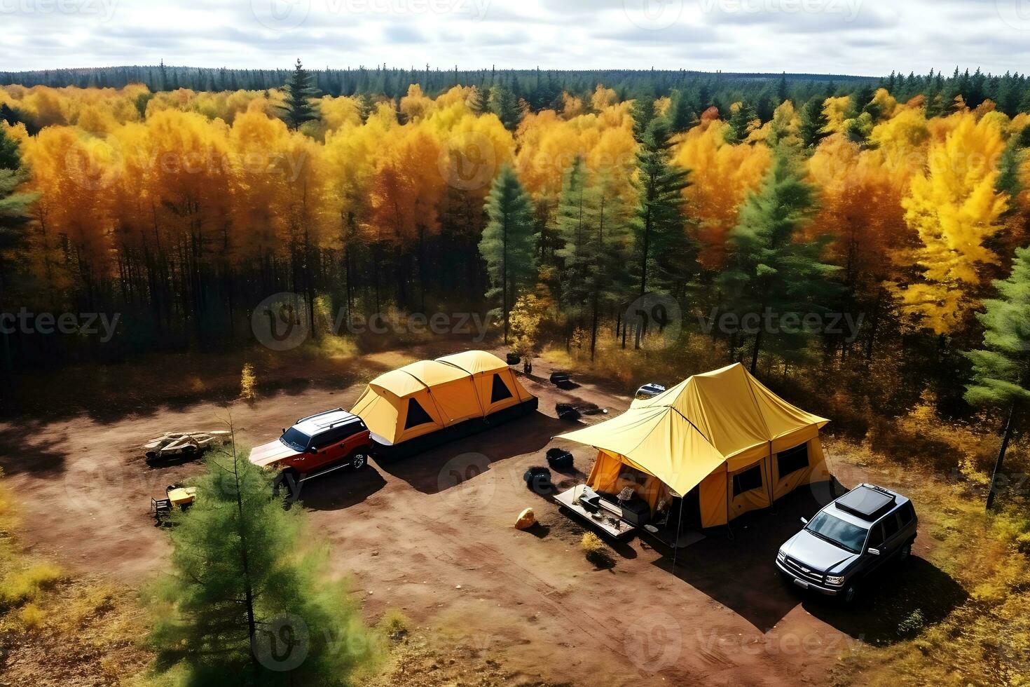 Large tourist tents stand in the middle of the forest in sunny autumn weather. There are cars next to the tents. Drone view. AI Generative photo