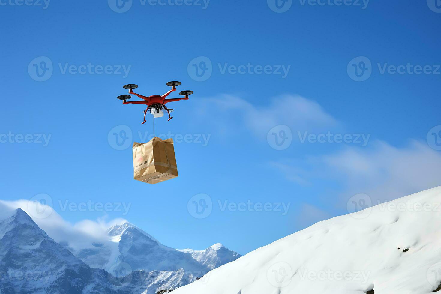 AI generative. A drone delivers an order or first aid in a package flying through the snowy mountain peaks in sunny weather photo