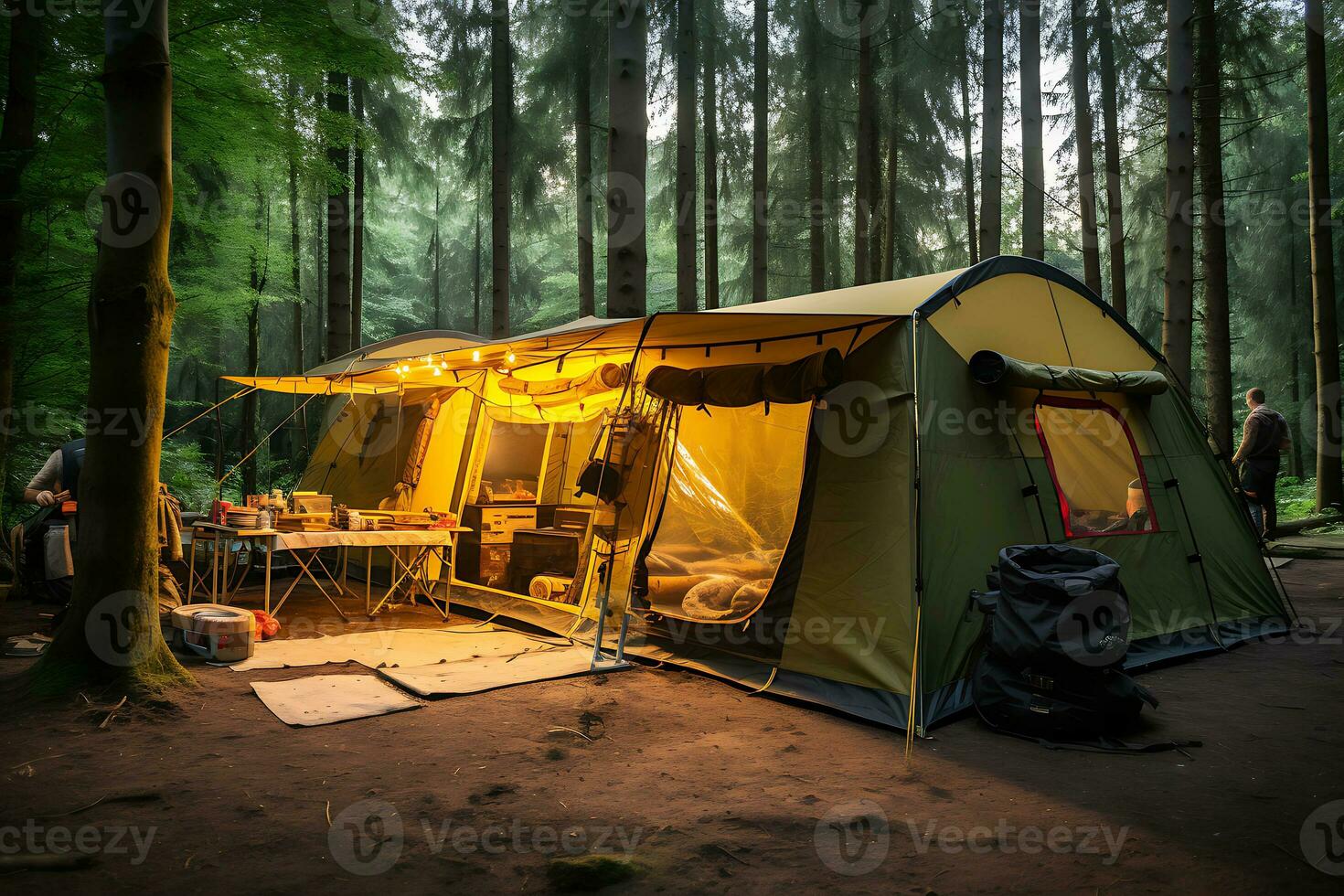 A large tourist tent is lit by lanterns in the evening in the forest. There are people near the tent and they are preparing dinner. AI Generative photo