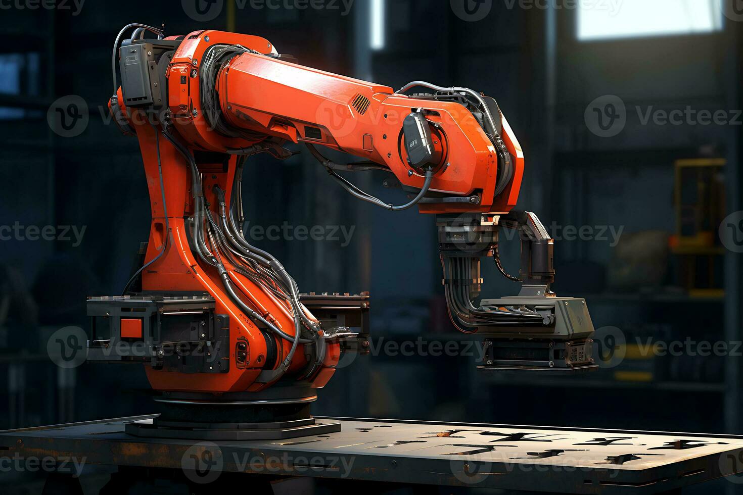 robot soldador trabajos en un oscuro taller. ai generativo foto