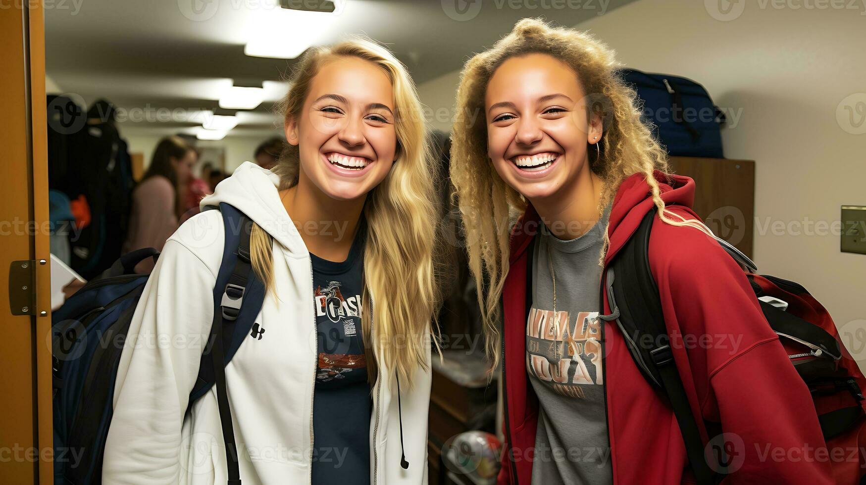 Two student girls with suitcases and backpacks are settled in a student hostel. Beginning of the school year. Girls smiling and looking at the camera. AI Generative photo