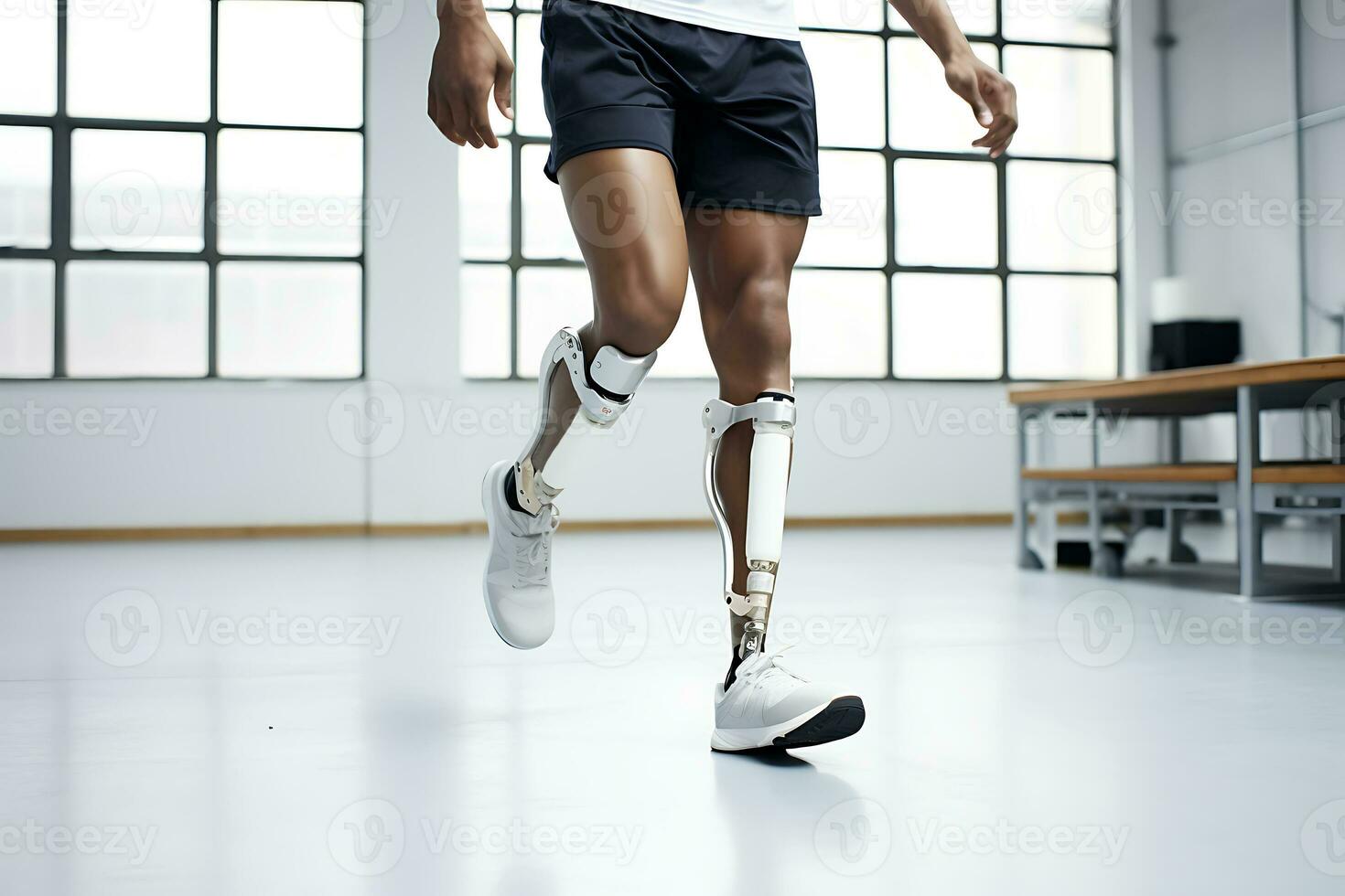 A disabled African American man with prostheses instead of legs trains in a rehabilitation center d in a white light room. Legs close up. AI Generative photo