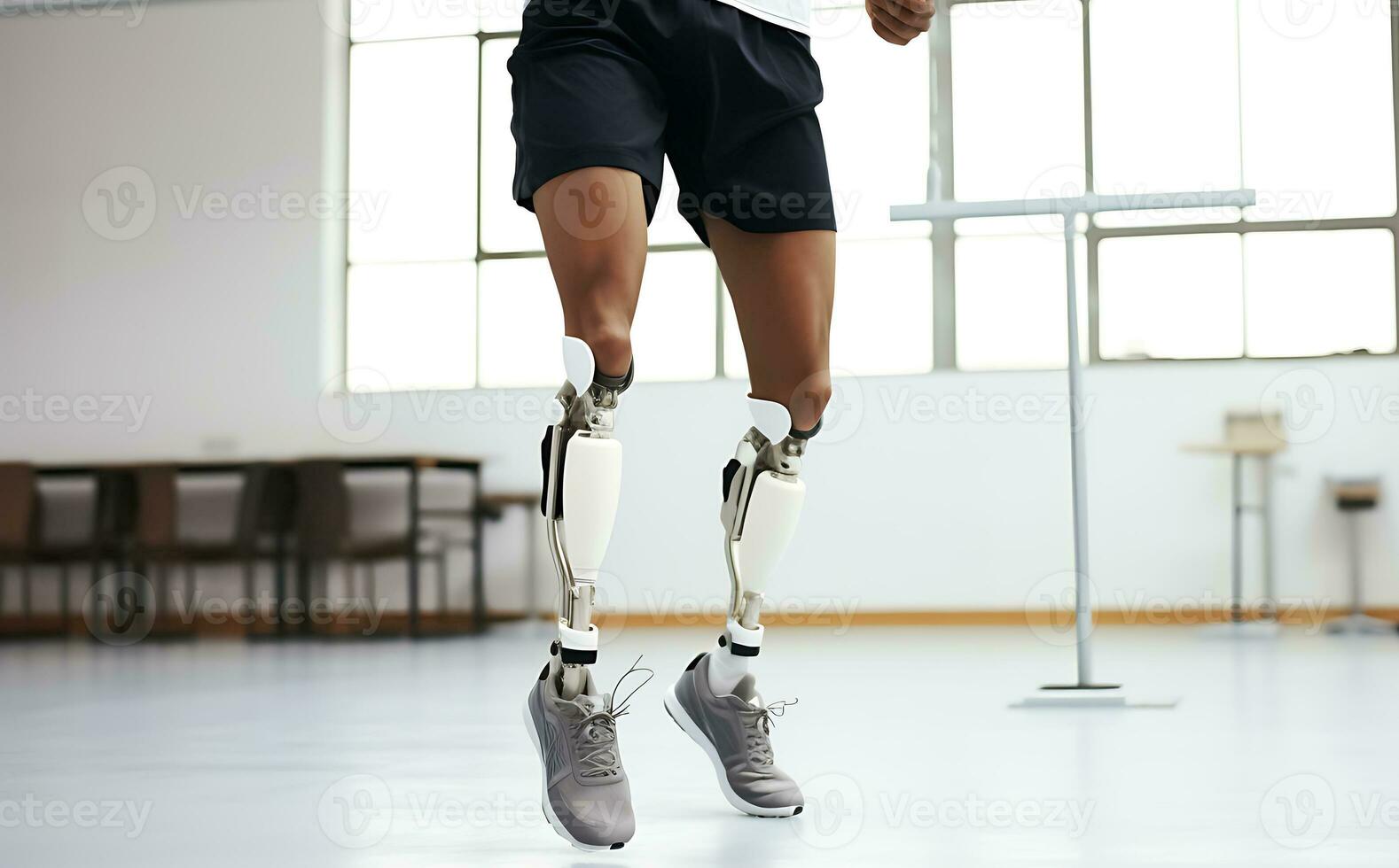 A disabled African American man with prosthetic legs trains in a rehabilitation center. Legs close up. AI Generative photo