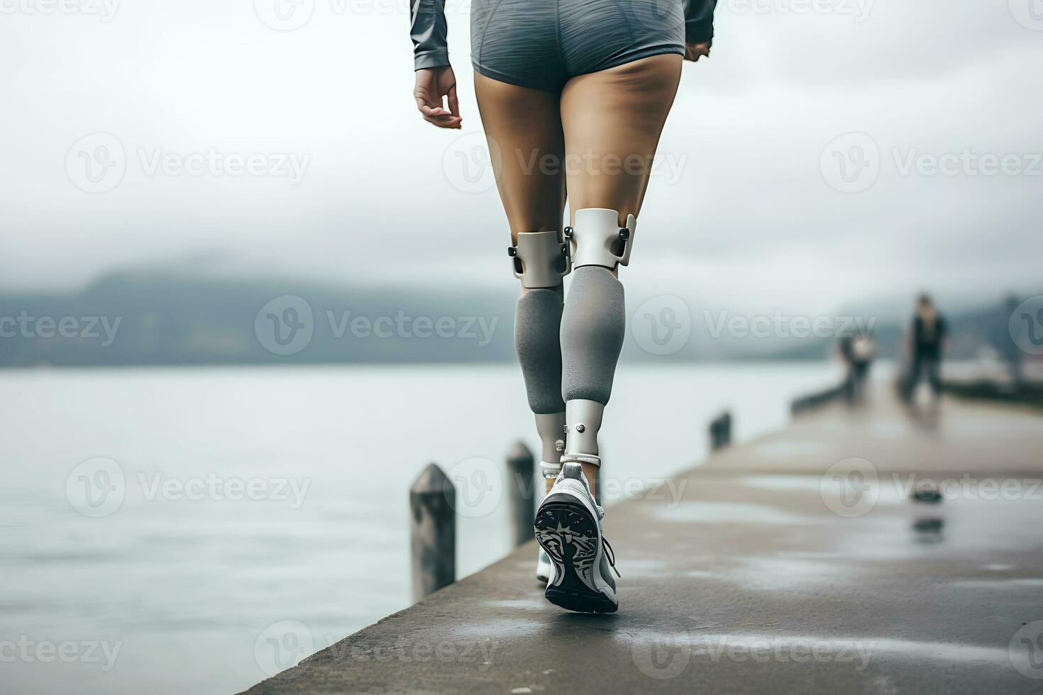 Prostheses on the legs of a young disabled woman. A woman walks along the pier along the sea in cloudy weather. Legs close up. AI Generative photo