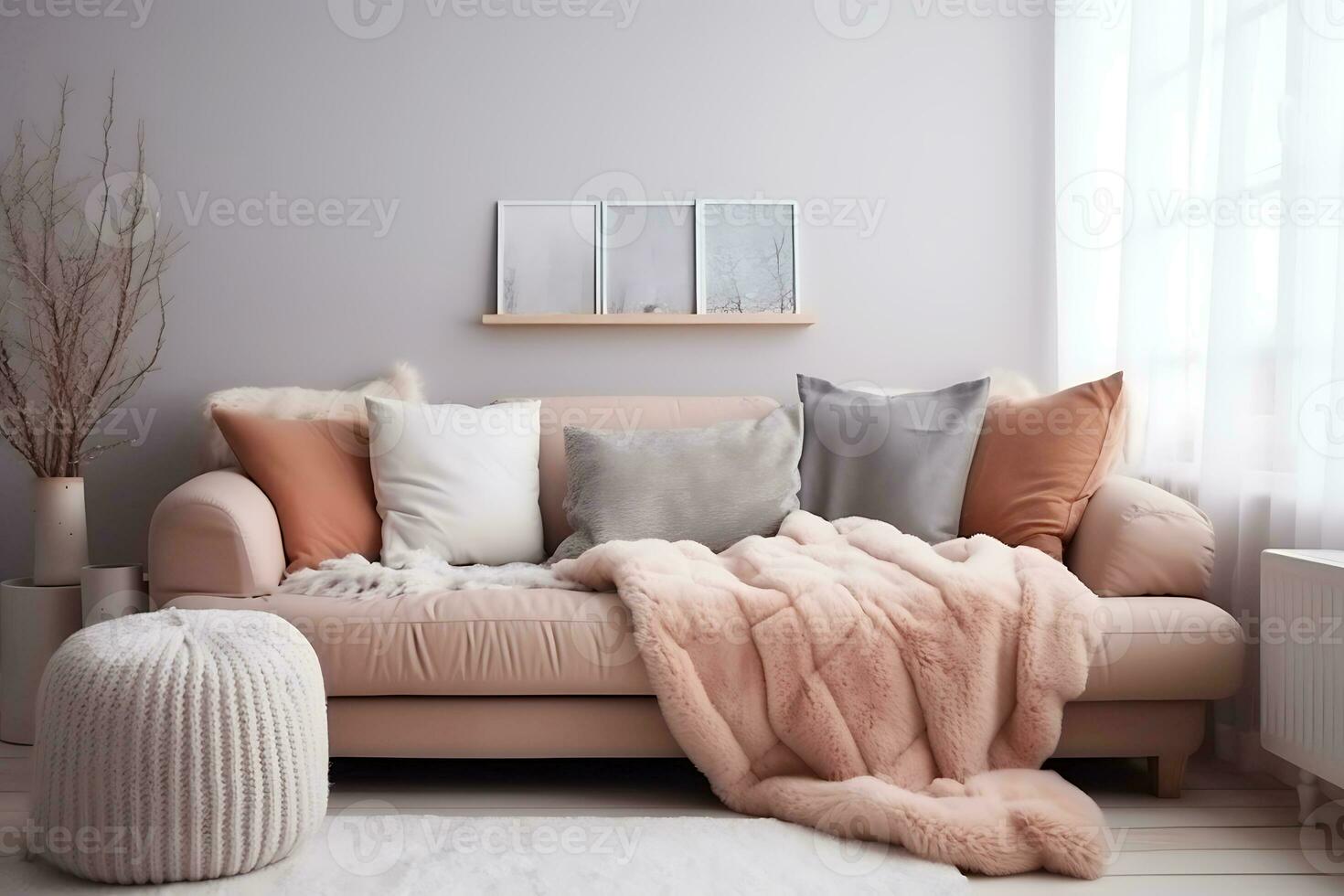 AI Generative. Living room in gray and pink colors with a soft sofa decorated with a fluffy blanket and soft pillows. Horizontal photo