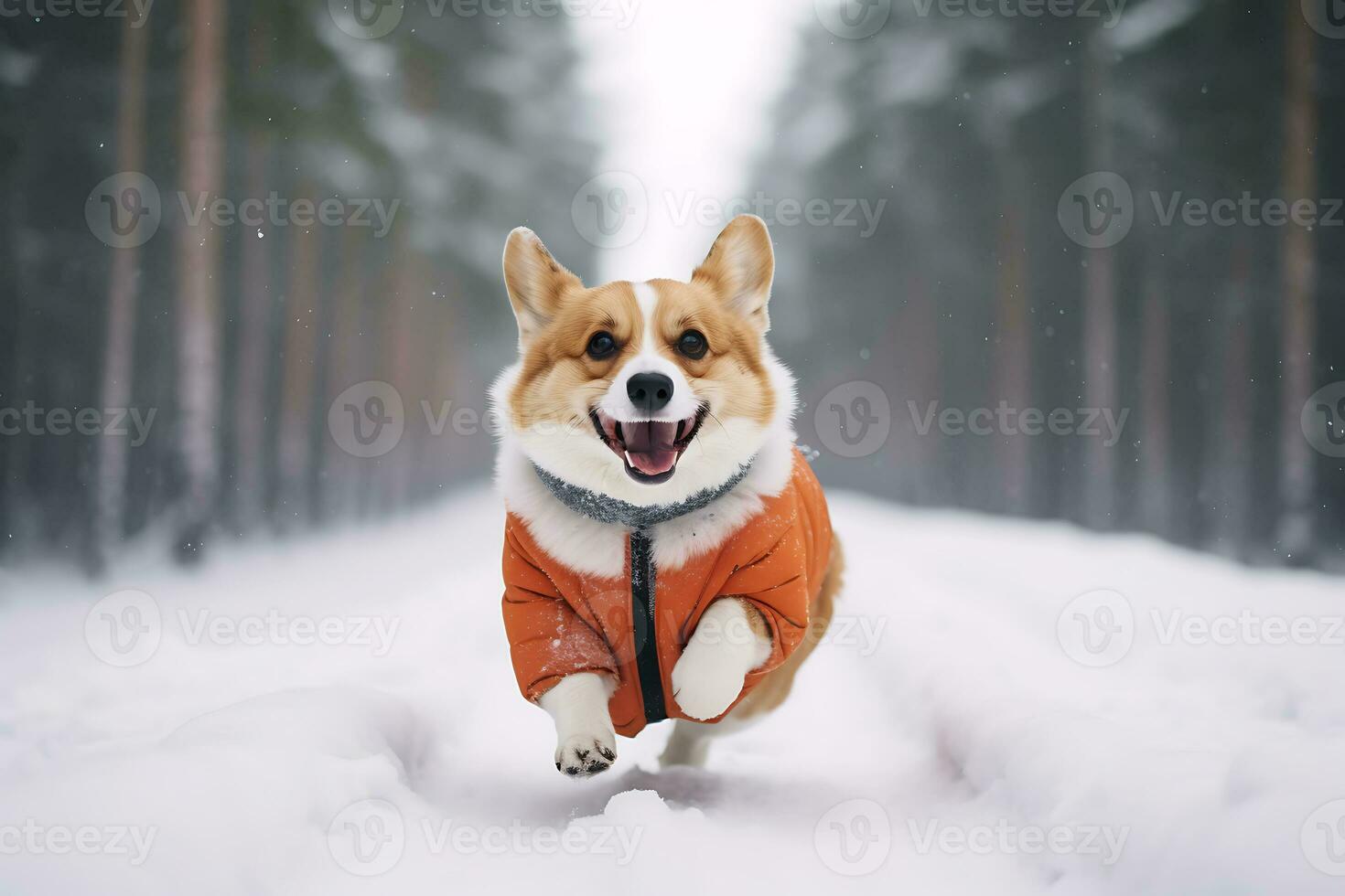 AI Generative. Corgi dressed in an orange jacket runs along a snowy path while walking in the forest photo