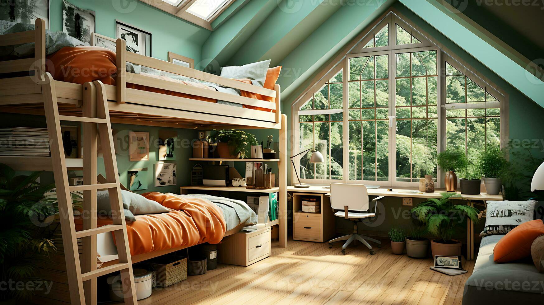 Beautiful, spacious and bright room for teenagers or students with a bunk bed and large windows. AI Generative photo