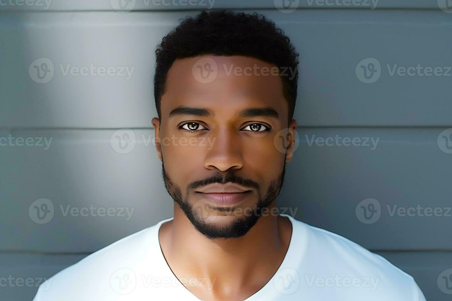 A young African-American man in a white t-shirt poses against a gray wall. A ray of sunlight shines on a man. AI Generative photo