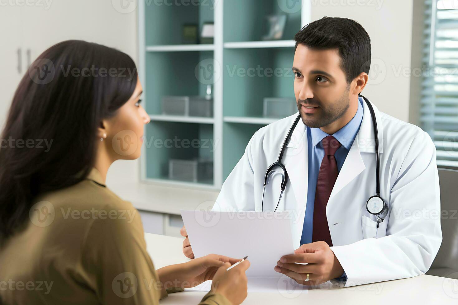 AI Generative. A doctor communicates with a patient in his office while sitting at his desk. Horizontal photo