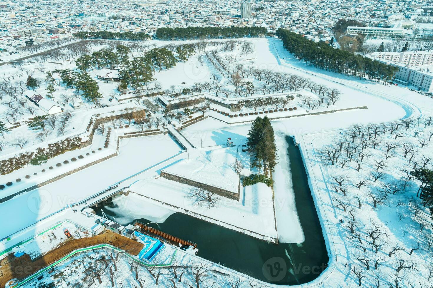 Beautiful landscape and cityscape from Goryokaku Tower with Snow in winter season. landmark and popular for attractions in Hokkaido, Japan.Travel and Vacation concept photo