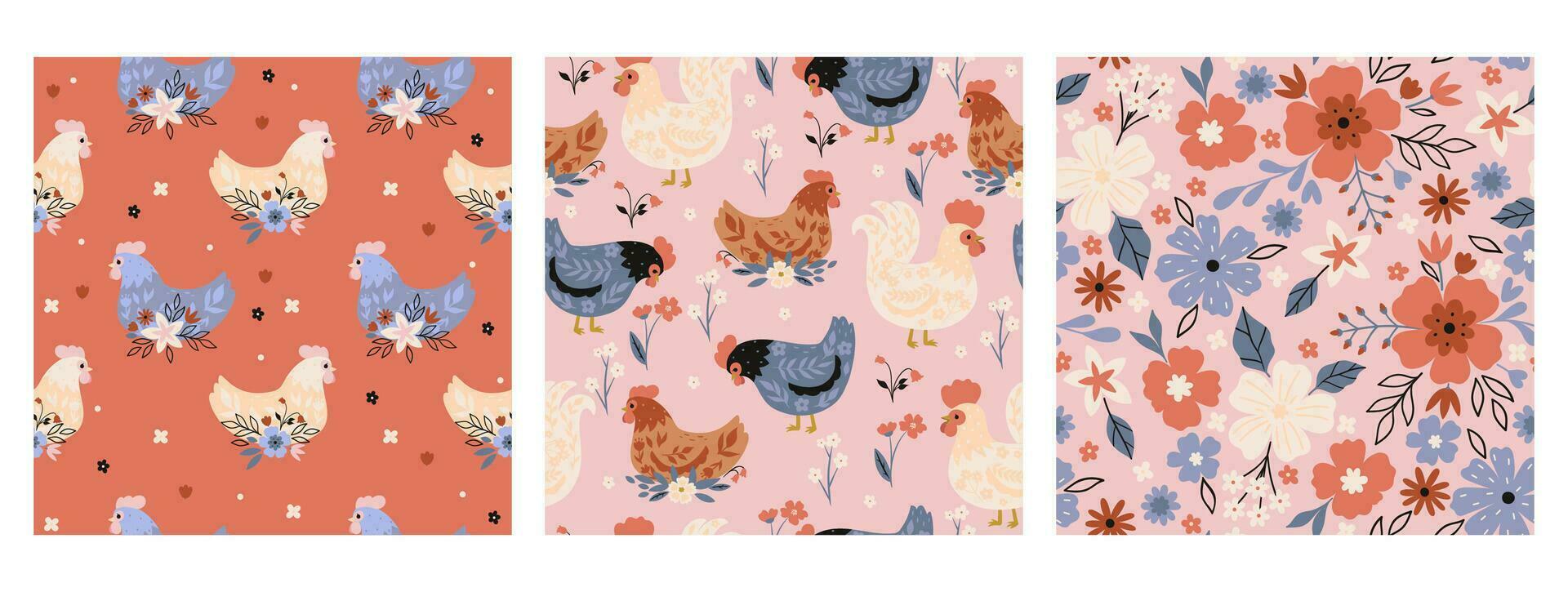 Set of cute seamless patterns with chickens and flowers. Vector graphics.