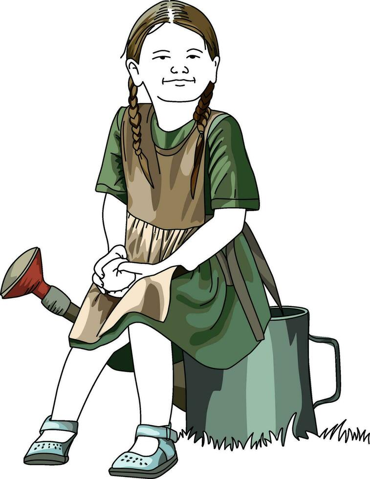 a girl sits on a watering can vector