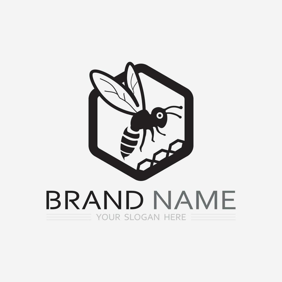 bee and honey logo vector design and insect animal illustration