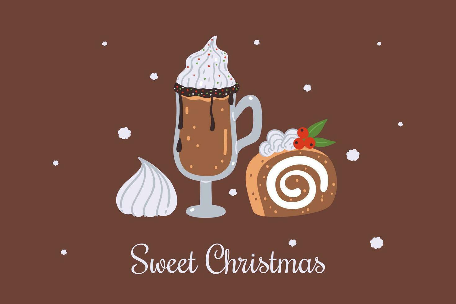 Christmas card or poster with desserts and drink. Vector graphics.