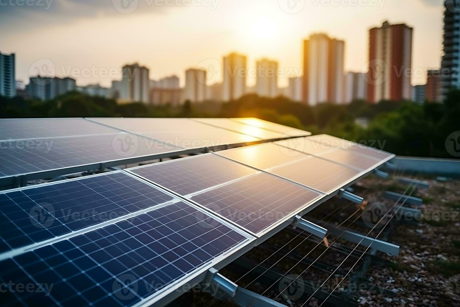 Solar Panel Installation with urban landscape landmarks, alternative electricity source, Sustainable Resources Concept. AI Generative photo