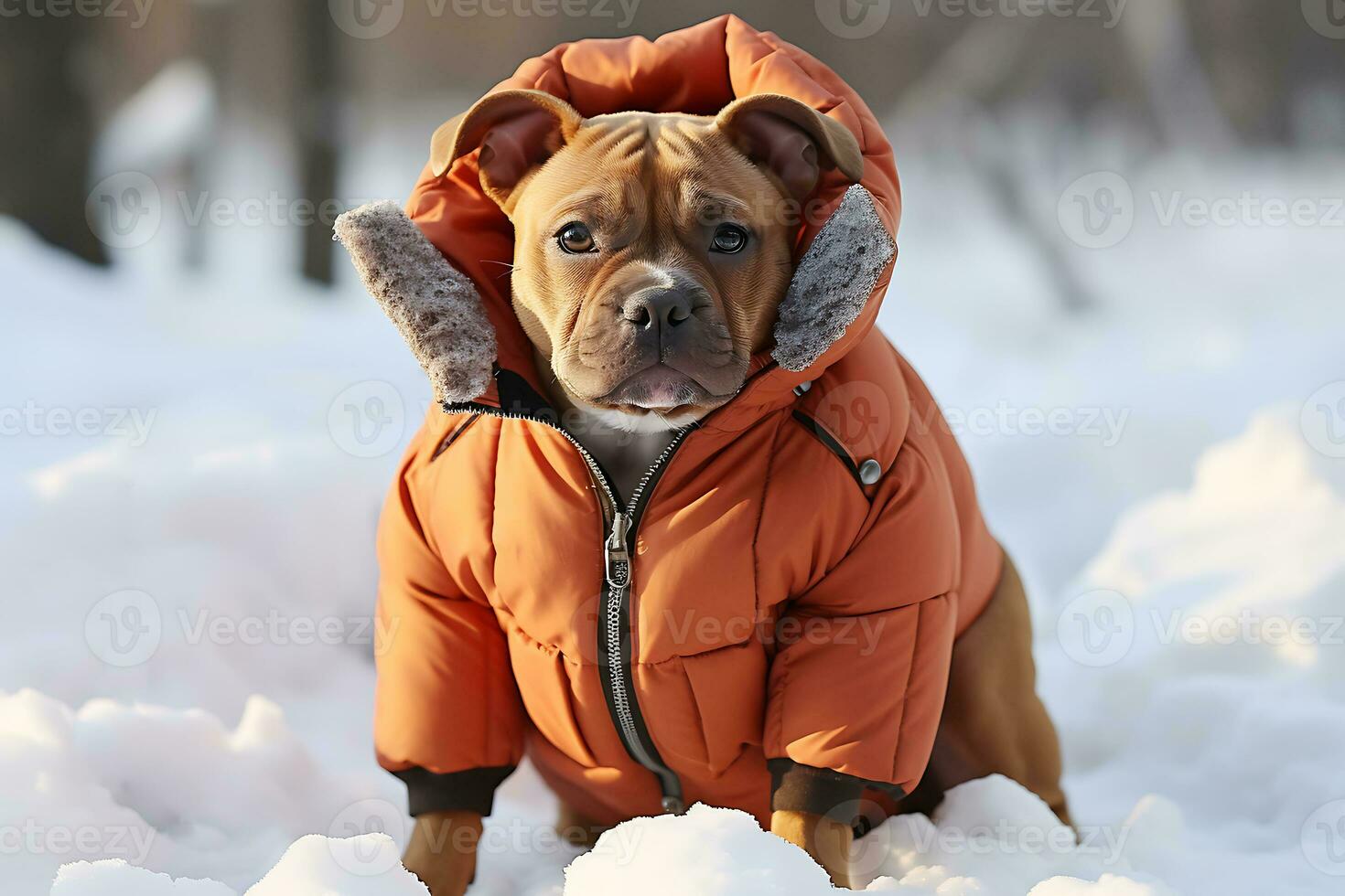 AI Generative. A dog in a warm orange jacket with a hood poses in a winter park sitting on the snow photo