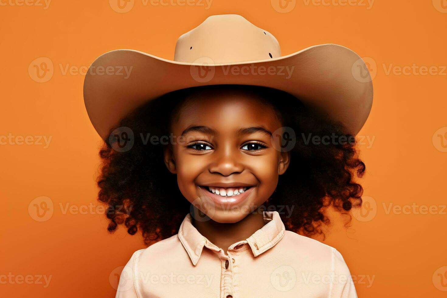 AI Generative. African American cowgirl child in light brown cowboy hat posing on orange background, smiling and looking at camera. Horizontal photo