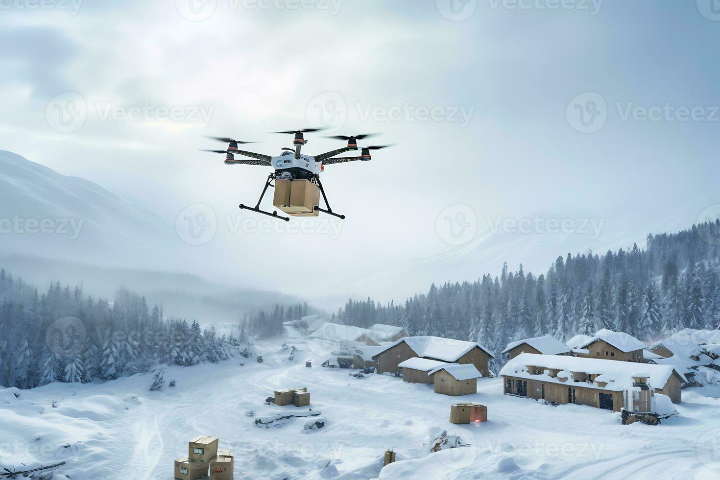 ai generativo. zumbido entrega de un orden, comida o medicina a el campo, pueblo o difícil de alcanzar areas en invierno foto