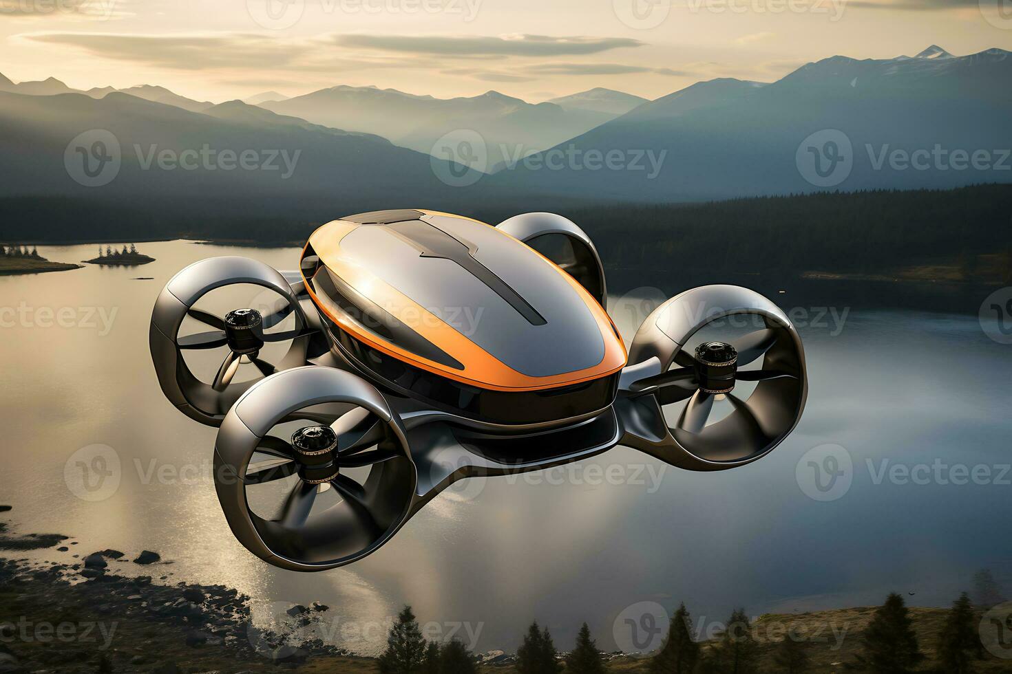 AI generative. Self-driving passenger drone flying in the sky, flying car photo
