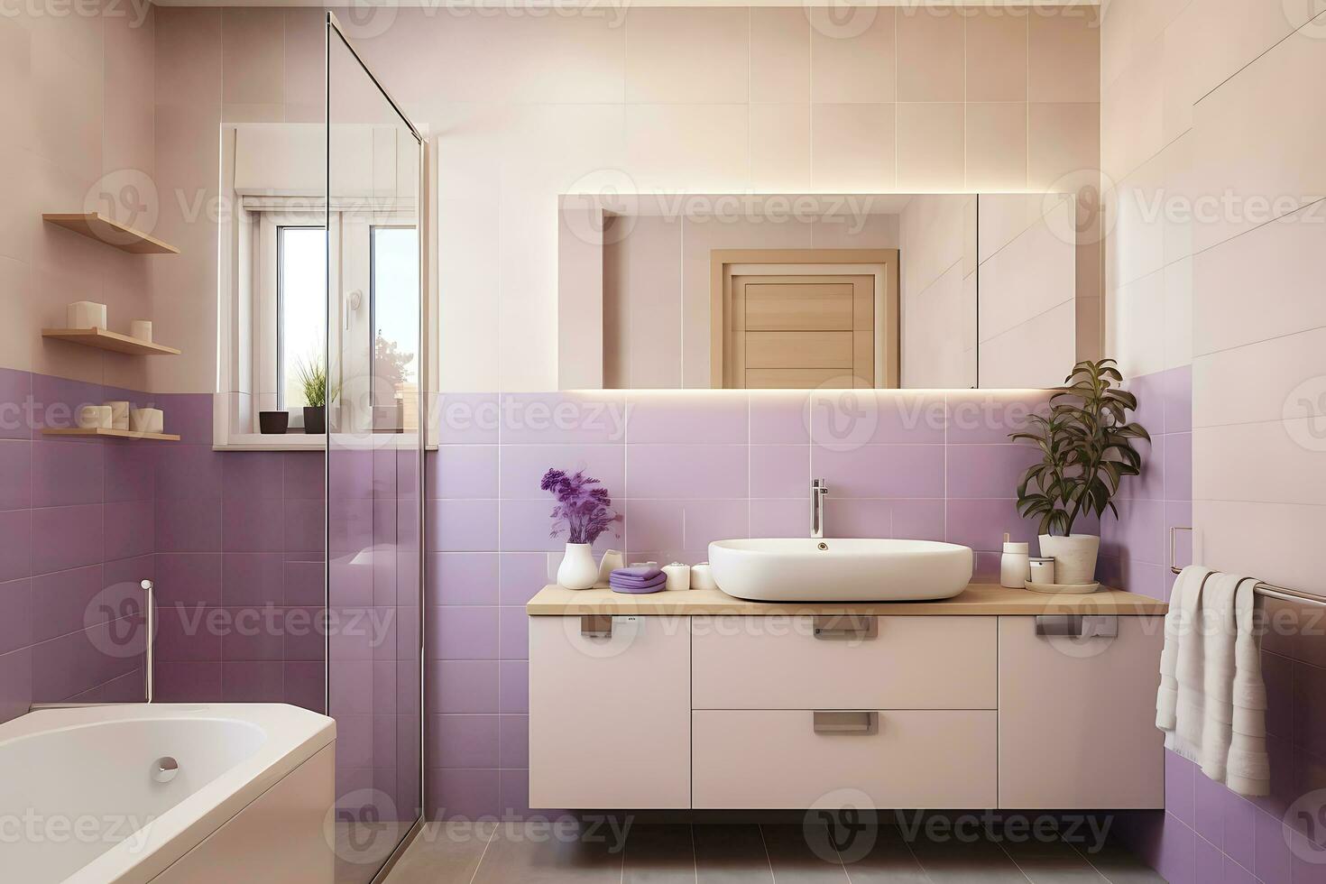 Minimalist bathroom design. The bathroom is lined with purple tiles. The room has a wooden cabinet, a mirror and a bathtub. AI Generative photo