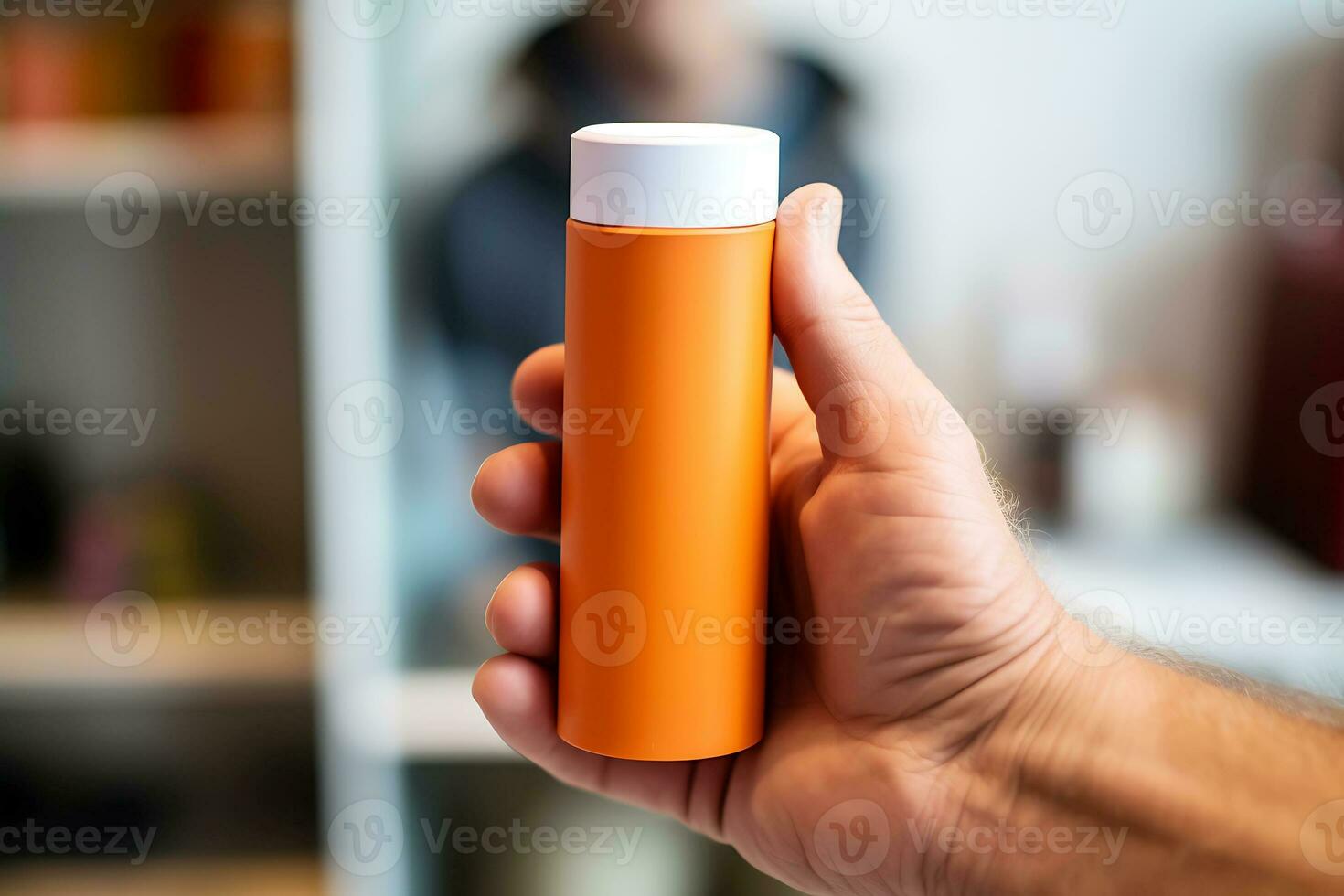 un hombre sostiene un naranja botella de pastillas en su manos. de cerca de un botella. ai generativo foto