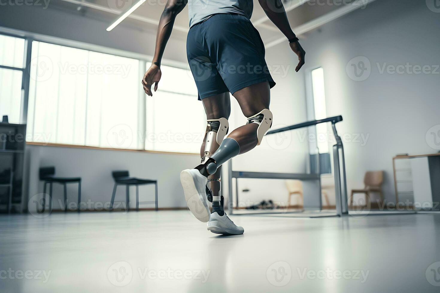 A disabled African American man with prostheses instead of legs trains in a rehabilitation center d in a white light room. Legs close up. AI Generative photo