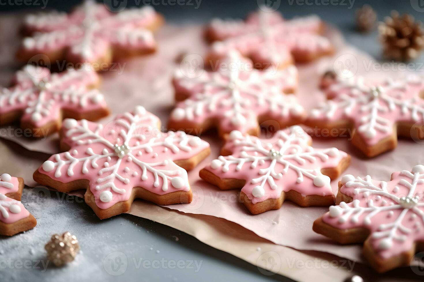 AI generative. Christmas cookies in the shape of a pink snowflake photo