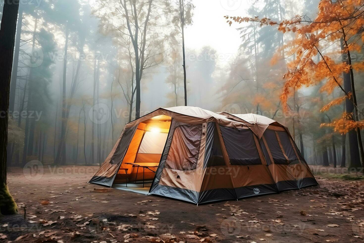A large tourist tent stands in the middle of the forest in foggy rainy autumn weather. The lantern is on in the tent. AI Generative photo