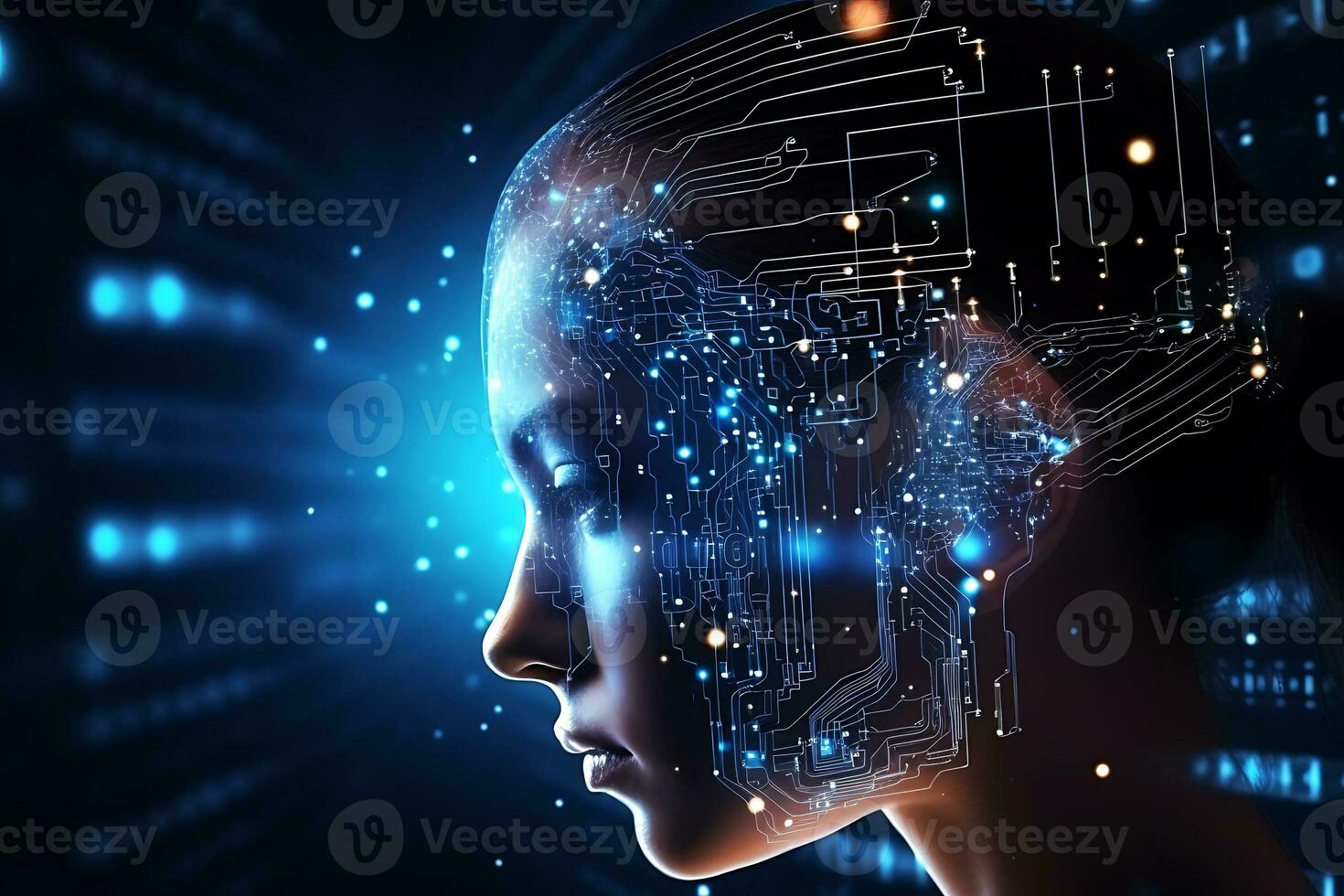 The female cybernetic face of chips and neural connections . the concept of artificial intelligence and big data. AI Generative photo