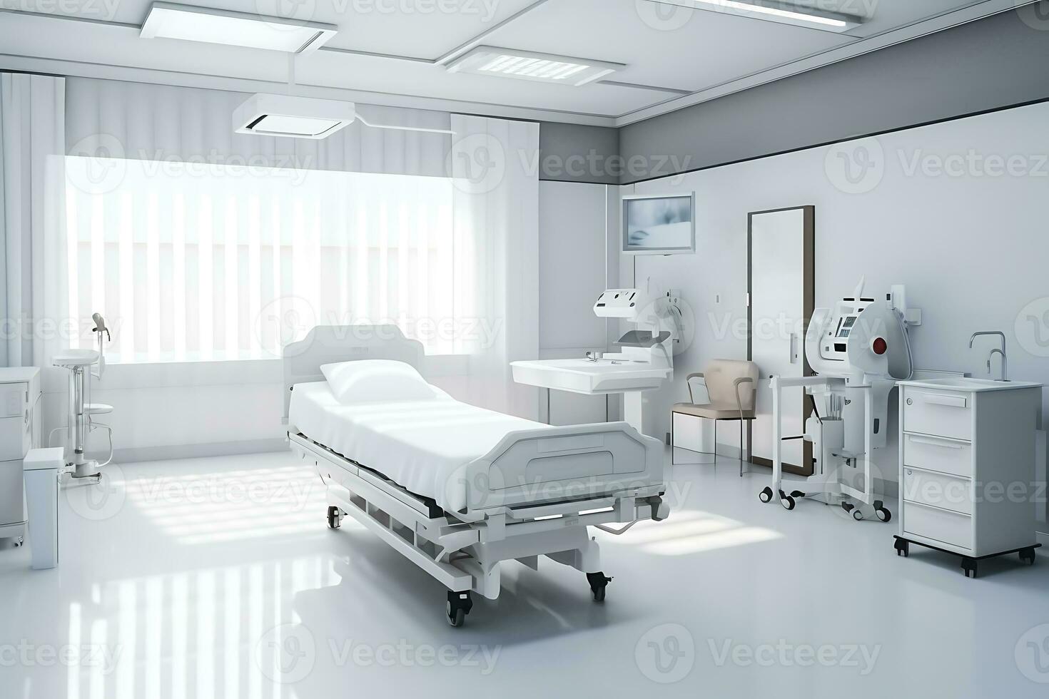 The interior of a large, light and white single hospital ward in a modern military hospital. The chamber is illuminated by sunlight from large windows. AI Generative photo
