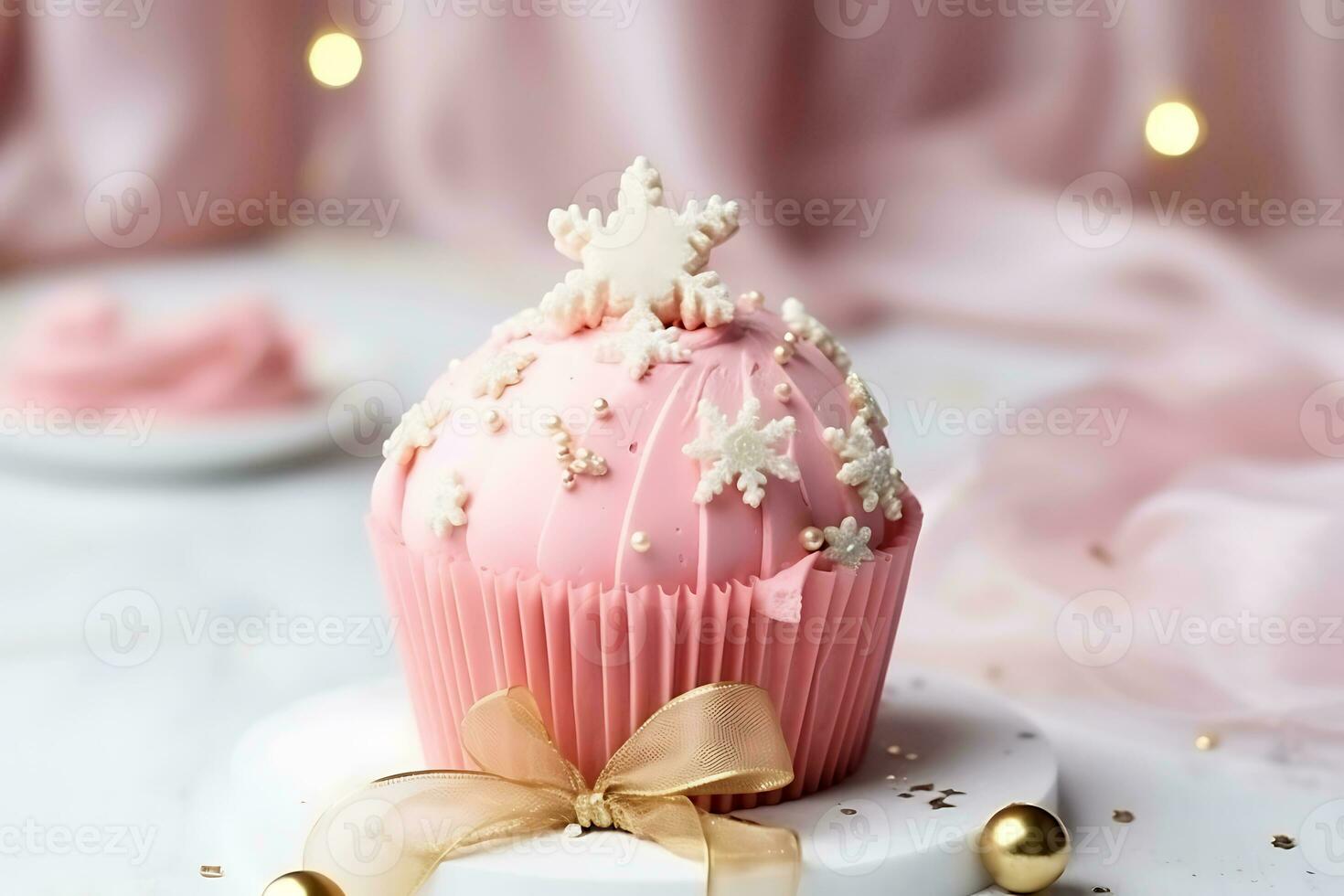 AI generative. Christmas cupcake in the shape of a pink Christmas ball photo