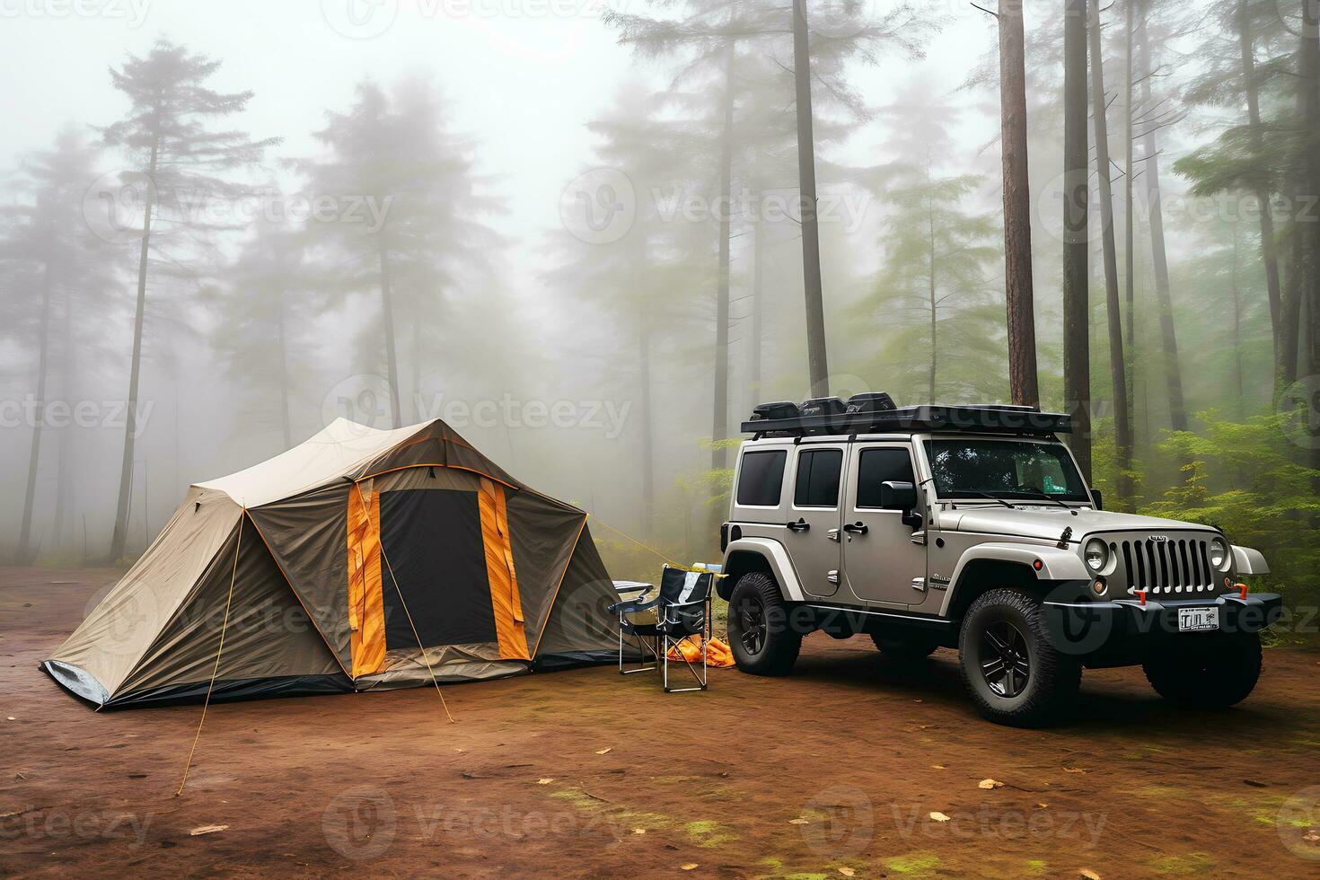 A tourist tent and a jeep stand on a lawn in the middle of a forest in foggy and cloudy weather. AI Generative photo