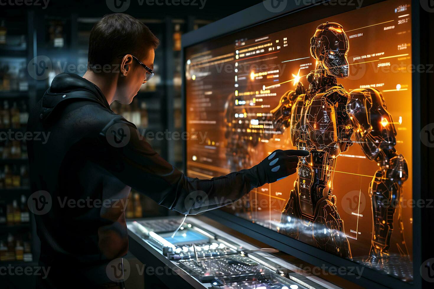 An engineer works at night to create a robot. The model of the robot is visible on the screen. AI Generative photo