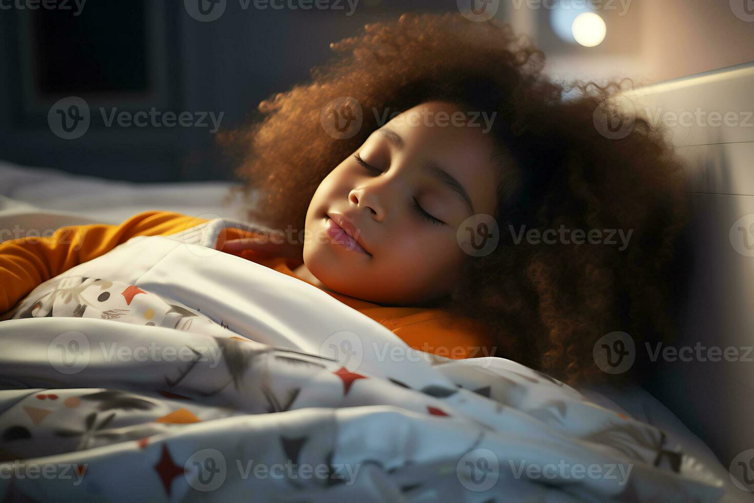 African American girl sleeping in her bed in a dark children's room with the night light turned on. AI Generative photo