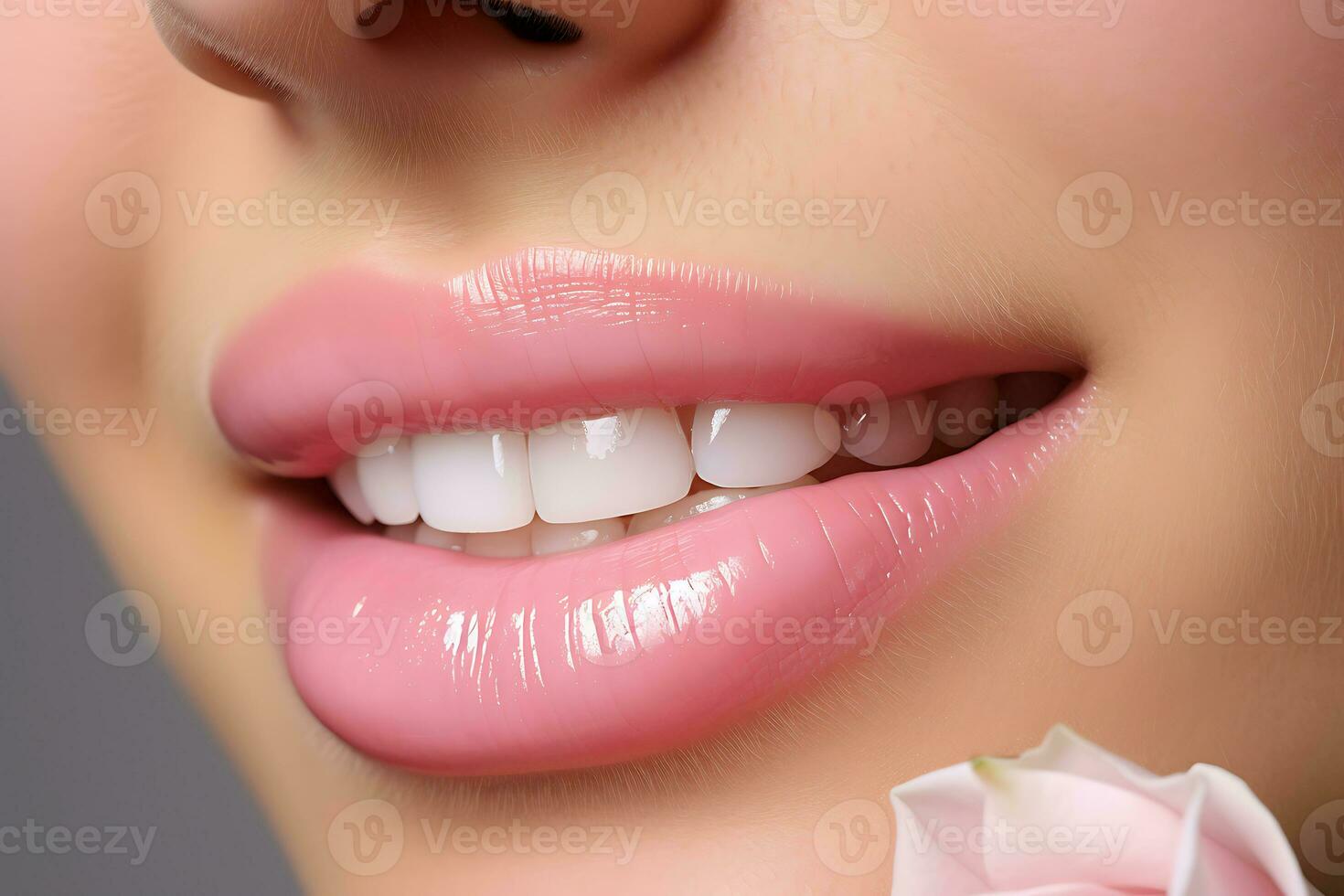 AI Generative. Cropped photo of woman mouth with perfect white bright smile and healthy teeth