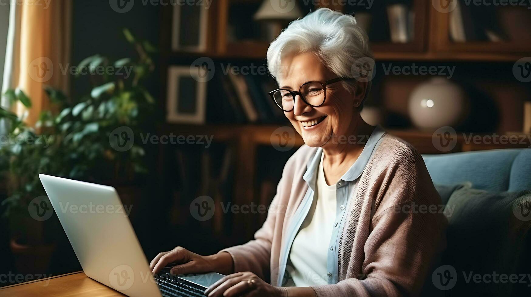 A beautiful pensioner woman looks into a laptop and smiles. A woman is sitting at home, studying something, chatting online or watching a video. AI Generative photo