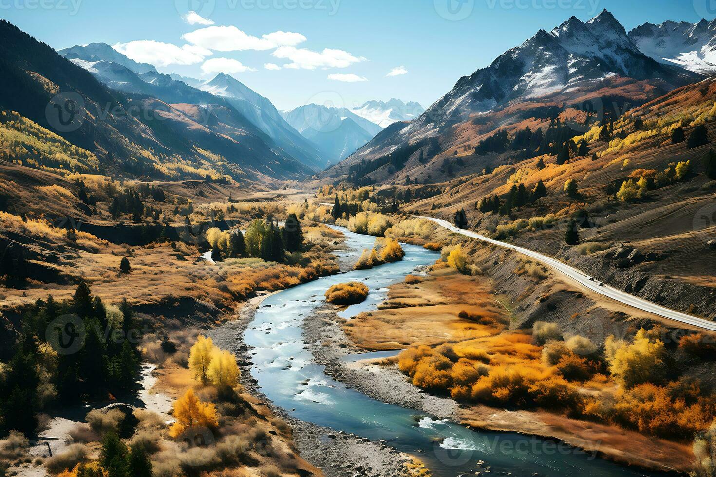 Top view of the beautiful autumn rocky landscape of the river, road and forest in autumn. AI Generative photo