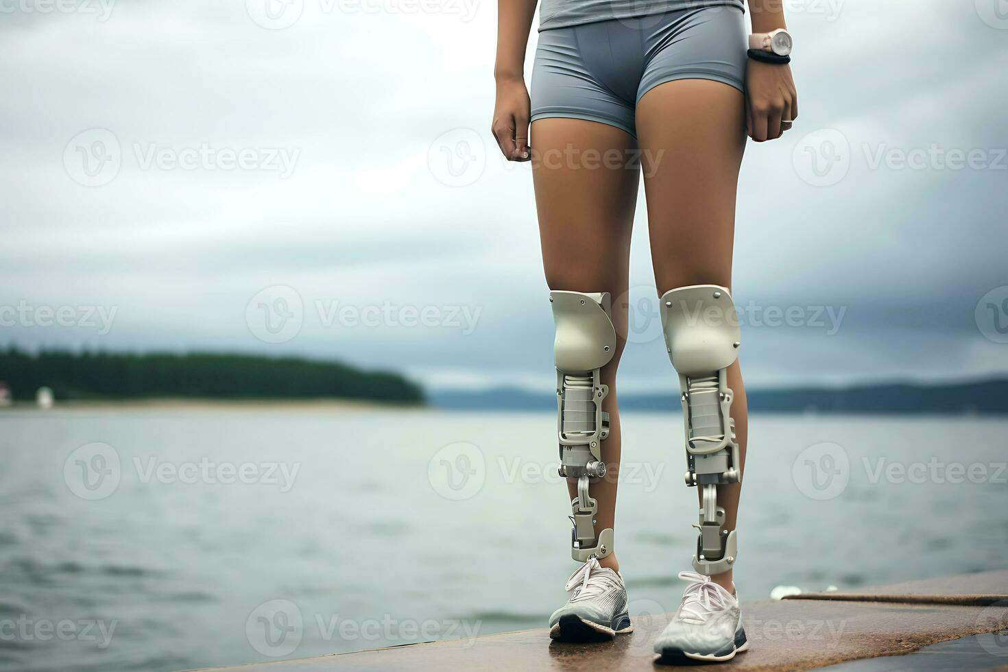 Prostheses on the legs of a young disabled woman. Woman posing against the backdrop of the sea in cloudy weather. Legs close up. AI Generative photo