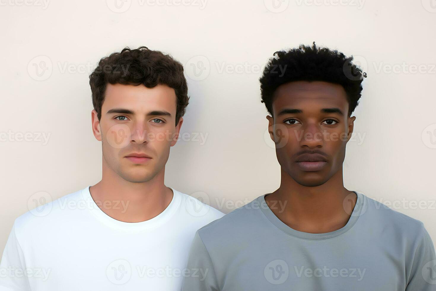 Two young men of Caucasian and African American appearance in white and gray T-shirts pose against a white background. Young men looking at the camera. AI Generative photo