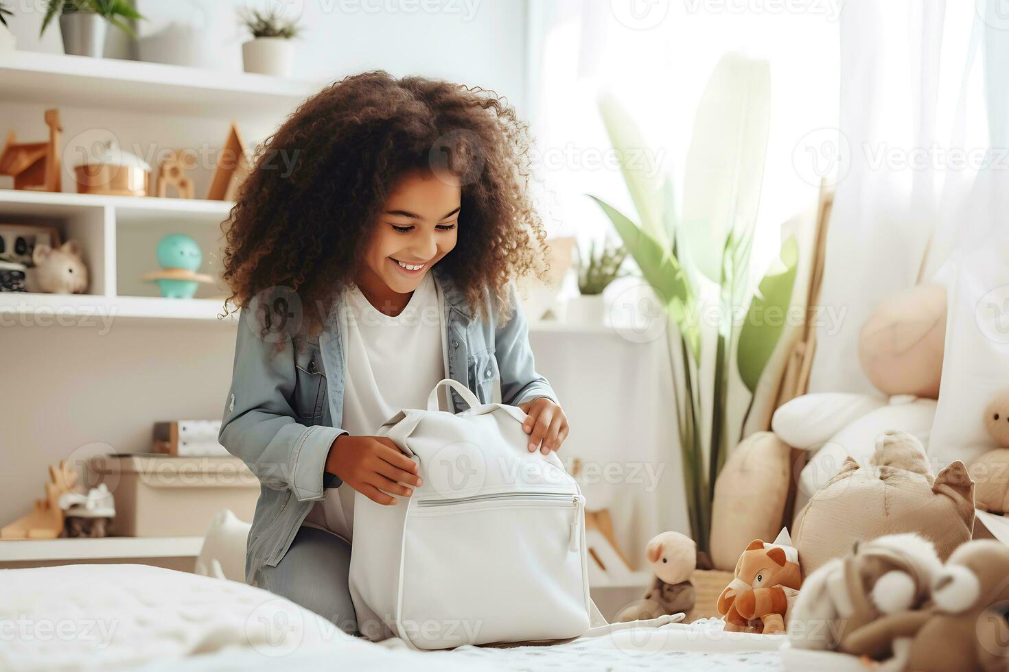 African American girl puts school supplies in a school backpack in her children's room. AI Generative photo