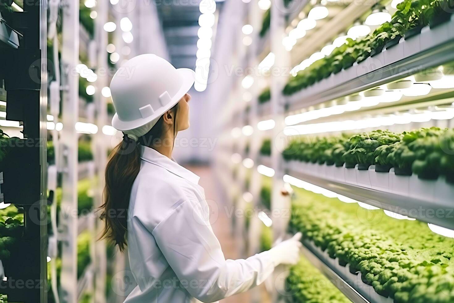A female scientist in a white coat checks plant seedlings in a vertical farm. Woman standing with her back to the camera. AI Generative photo