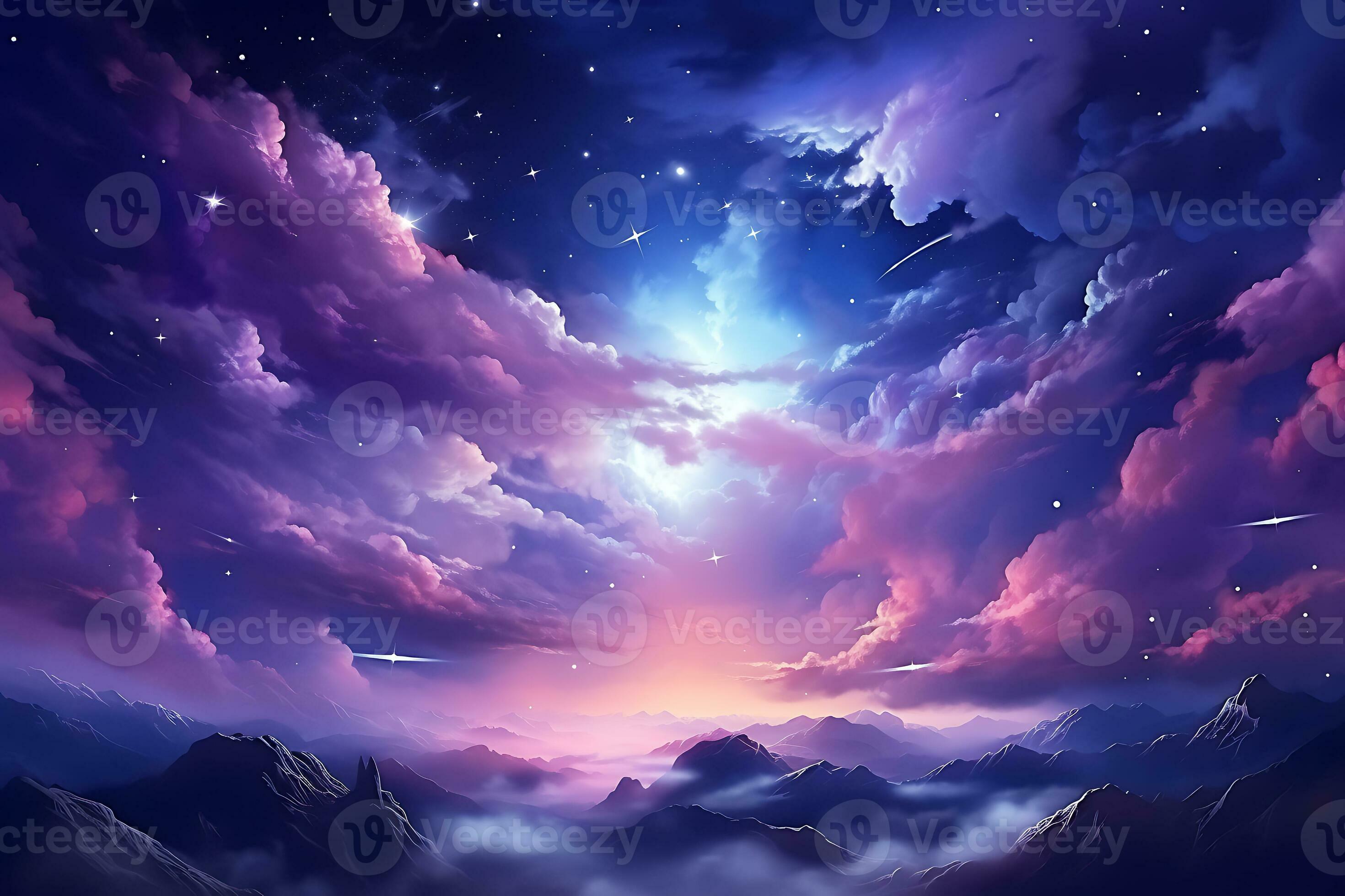 Landscape illustration of purple and blue clouds in the night sky
