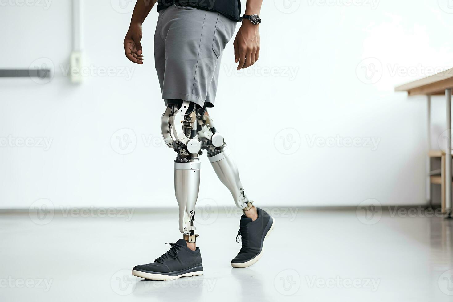 A disabled African American man with prostheses instead of legs poses against a white wall. AI Generative photo