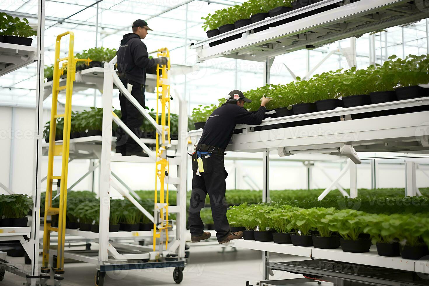 Worker move around the vertical farm on a lift and sort the plants.AI Generative photo